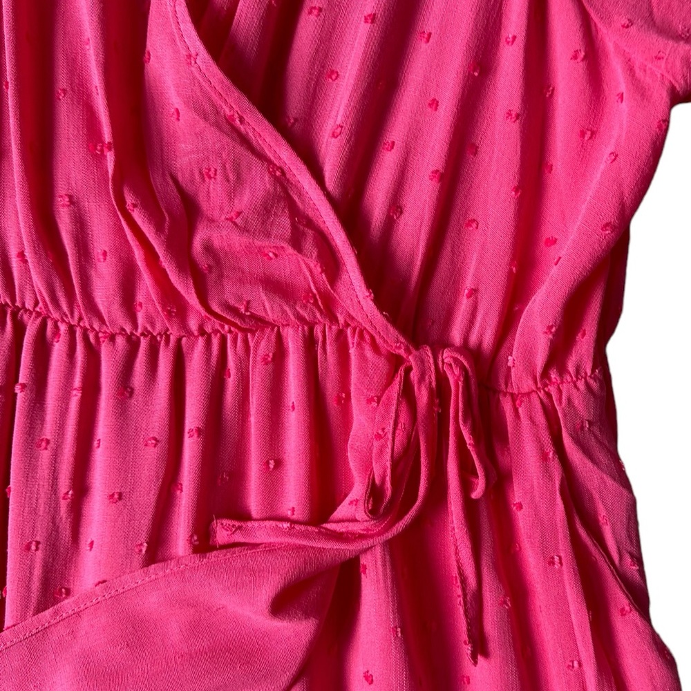 TORRID pink swiss dot faux wrap split skirt short sleeve midi dress sz 00(10/M) - Picture 8 of 11